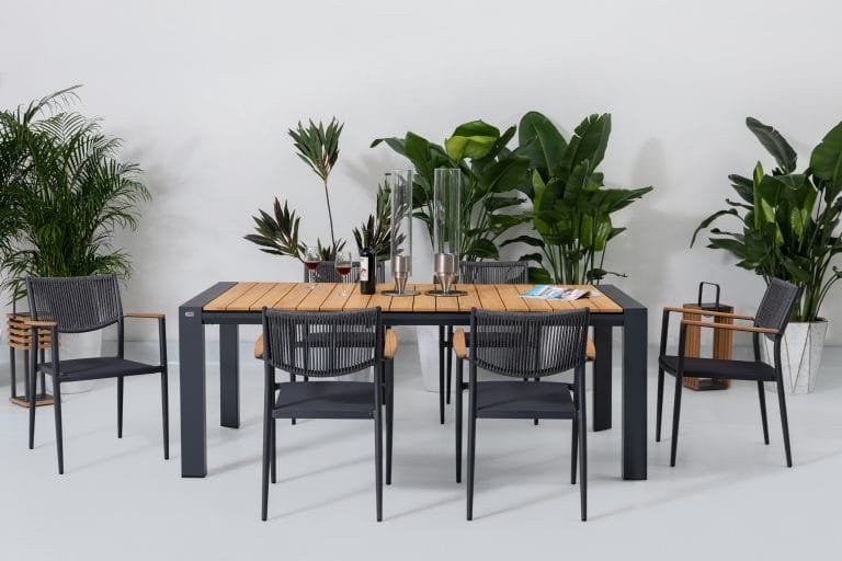 teak wood table dining chair FSC-certified teak, and powder-coated aluminum texliene fabric